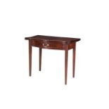 A GEORGE III MAHOGANY SERPENTINE FOLDING TOP TEA TABLE, with moulded rim and outpointing corners,