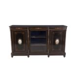 A 19TH CENTURY EBONISED CREDENZA, the plain top with thumb moulded and bead rim, above shaped frieze