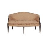 A GEORGE III MAHOGANY FRAME TUB BACK TWO SEATER SOFA, upholstered in pink damask, raised on square