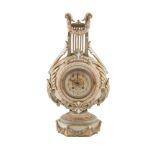 A LATE VICTORIAN ROYAL WORCESTER BLUSH PORCELAIN LYRE CASED MANTLE CLOCK, the gilded dial within a