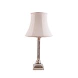 AN ELKINGTON STYLE CORINTHIAN COLUMN SILVER PLATED TABLE LAMP AND SHADE, raised on weighted