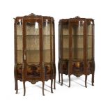 A PAIR OF 19TH CENTURY STYLE VERNIS MARTIN INLAID AND PAINTED KINGWOOD VITRINE CABINETS of