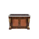 A REGENCY ROSEWOOD RECTANGULAR SIDE CABINET, the white crossbanded rosso antico marble top above a