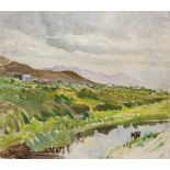 Estella Frances Solomons HRHA (1882-1968)Cow by River in Kerry LandscapeOil on board, 30.5 x 35.