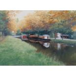 Brett McEntagart RHA (b.1939)Barges on the Canal, Wilton Place, AutumnOil on canvas, 56 x 76cm (22 x