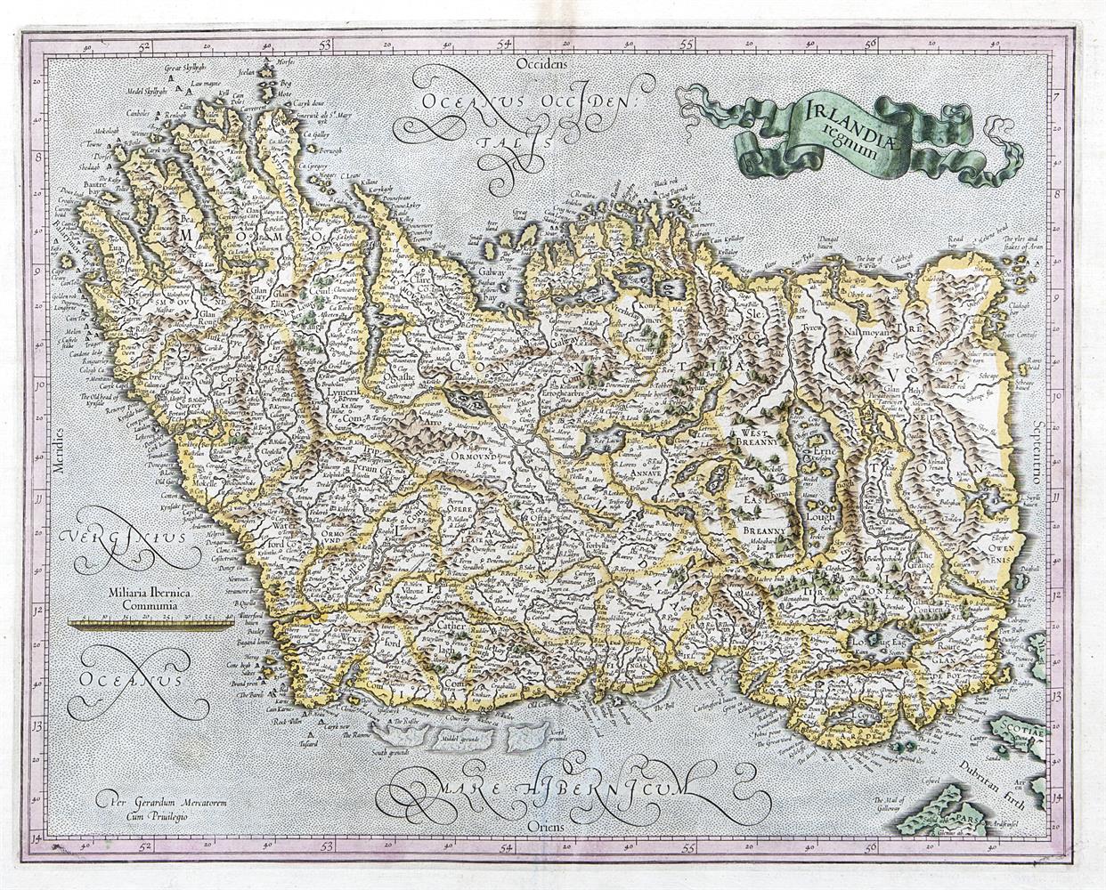 Gerard Mercator, 1512-1594Irlandia RegnumLatin text. Abl-P142,470 x 550mm sheetFrom Mercator's Atlas