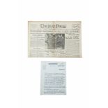 IRISH PRESS NEWSPAPER, Vol. 1 no. 1, Saturday Sept. 5 1931. A clean copy of the first issue, with