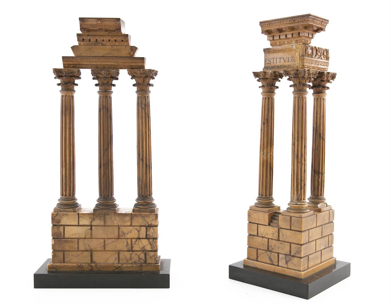 TWO SIMULATED SIENNA MARBLE STANDING MODELS OF ANCIENT GREEK ARCHITECTURAL SECTIONS, each formed