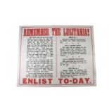 'REMEMBER THE LUSITANIA'A large printed poster, in red and black text, with heading 'Remember the