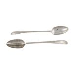 A GEORGE III IRISH BRIGHT CUT TAPER HANDLE DIVIDING SPOON AND A MATCHING SERVING SPOON, Dublin 1784,