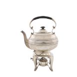 A SILVER HOT WATER POT ON STAND, London 1910, mark of Goldsmiths and Silversmiths Company, with ebon