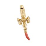 AN IRISH GOLD AND CORAL BABY'S RATTLE, Dublin c.1770, makers mark ST, hung with bells, the whistle