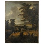 JAN LOOTEN (1618-1681)Wooded Landscape with Figures, a village by a lake in the backgroundOil on