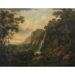 GEORGE BARRET SNR (c.1728-1784)A Mountainous Wooded River Landscape with a Waterfall and Three