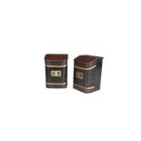 A PAIR OF 19TH CENTURY JAPANNED METAL TEA BINS, with mahogany hinged lids above black and gilt