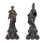 A PAIR OF 17TH/18TH CENTURY CONTINENTAL CAST BRONZE FIGURES, of Bellona and Venus, raised on