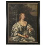 ENGLISH SCHOOL (EARLY 17TH CENTURY)Portrait of a Lady, three quarter length, seated in a garden,