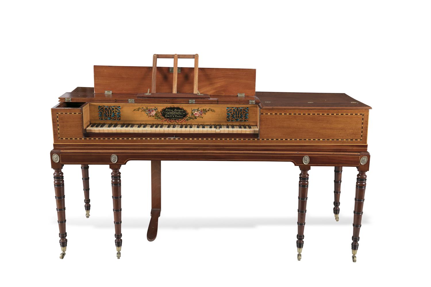 AN IRISH GEORGE III INLAID MAHOGANY AND SATINWOOD SQUARE PIANO, the case decorated with checkered