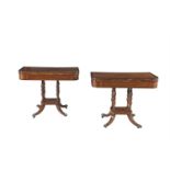 A PAIR OF GEORGE IV INLAID MAHOGANY RECTANGULAR FOLDING TOP TEA TABLES, each on four baluster turned