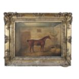 SAMUEL SPODE (FL. 1825-1858)Portrait of a Chestnut Racehorse in a Stable with a TerrierOil on