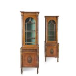 A PAIR OF GEORGE III STYLE PAINTED AND PARCEL-GILT SATINWOOD TALL COMPACT DISPLAY CABINETS, the