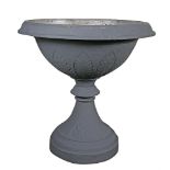 A LARGE PAIR OF VICTORIAN CAST IRON URNS, of circular urn form, the wide flared rims with