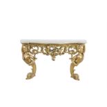 A 19TH CENTURY CONTINENTAL GILTWOOD CONSOLE TABLE, with white statuary marble top, with moulded