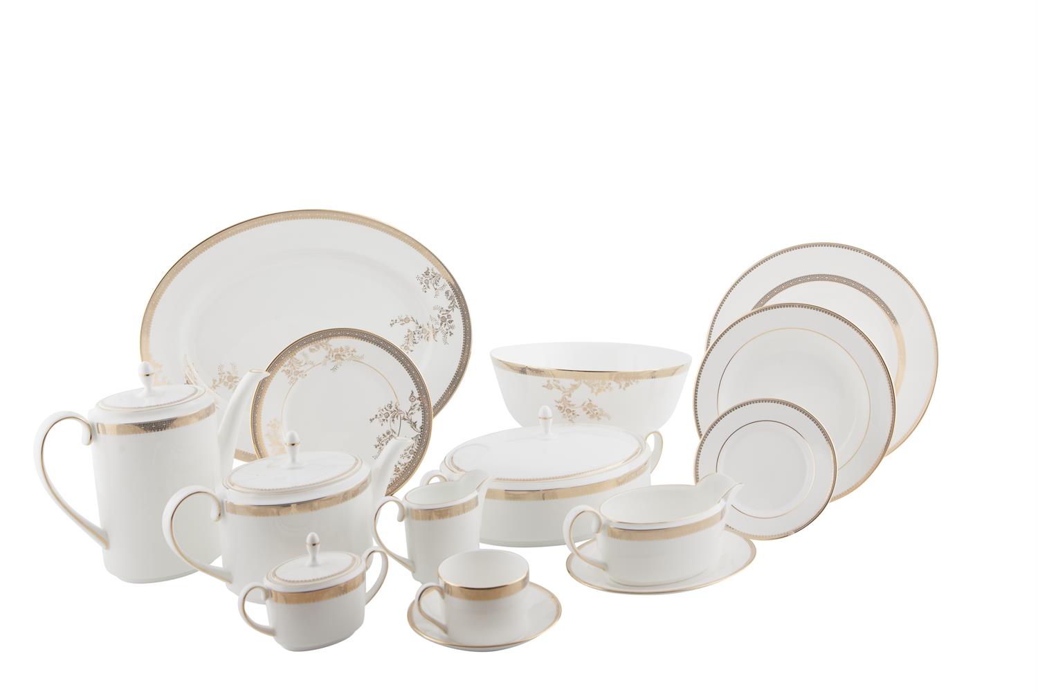 A LARGE VERA LACE GOLD DINNER SERVICE BY VERA WANG FOR WEDGWOOD, to seat ten, and comprising:- 10