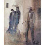 George Campbell RHA (1917-1979)Farmers at Bus Stop, RhondaOil on board, 75 x 62.5cm (29½ x 24½'')