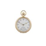 AN 18K GOLD POCKET WATCH, surmounted by suspension ring and milled winder, with white dial, Arabic