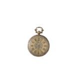 A GOLD OPEN FACE POCKET WATCH, surmounted by floral decorated suspension ring and winder, reverse