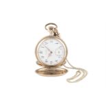 A POCKET WATCH BY WALTHAM, with watch chain, surmounted by suspension ring and milled winder, the