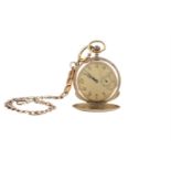 A POCKET WATCH AND WATCH CHAIN, watch surmounted by suspension ring and milled winder, with gilt