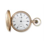 A LATE 19TH CENTURY AMERICAN GOLD CASED FULL HUNTER POCKET WATCH, BY A.W.CO. WALTHAMsurmounted