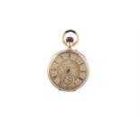 A GOLD OPEN FACE POCKET WATCH, surmounted by suspension ring and milled winder, reverse case with