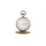 A GOLD PLATED “WALTHAM” POCKET WATCH, surmounted by suspension ring and milled winder, white dial