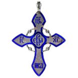 Importante CROIX ORTHODOXE Métal argenté, émail bleu. Poinçons : " HM" et 91 plus indistinct. 6,