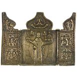 Ensemble de 4 ICÔNES et CROIX en bronze. XIXe siècle - Croix dite de kiot avec deux panneaux