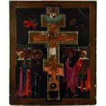 ICÔNE de la crucifixion. Fin du XIXe siècle Tempera sur bois. La croix est amovible. À gauche de