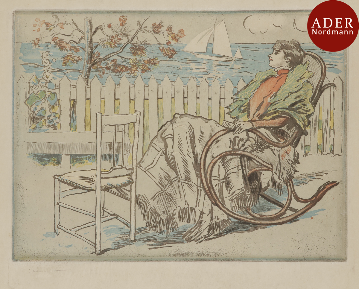 Pierre-Georges Jeanniot (1848-1934) Femme au rocking-chair. 1900. Eau-forte. 395 x 296. Impression