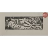 Aristide MAILLOL Femme étendue sur une draperie. Vers 1895. Gravure sur bois. 79 x 224. Guérin 6.