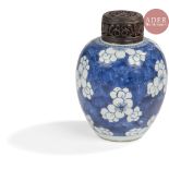 CHINE - XVIIIe siècle Petit pot à gingembre en porcelaine bleu blanc à décor de fleur de prunus