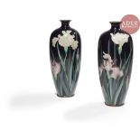 JAPON - Vers 1900 Paire de vases en bronze et émaux cloisonnés polychromes sur fond bleu nuit à