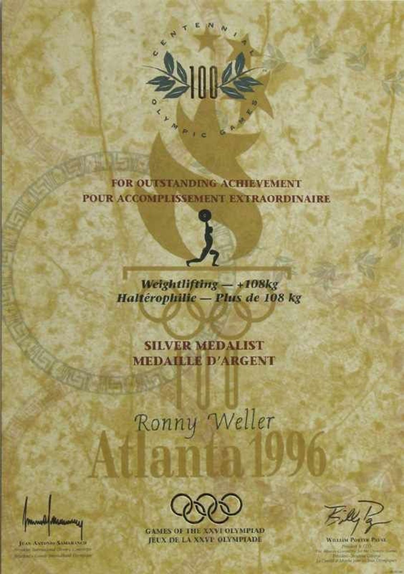 Olympic Games Atlanta 1996 Winner diploma - Silver medal winner diploma in weightlifting for 
