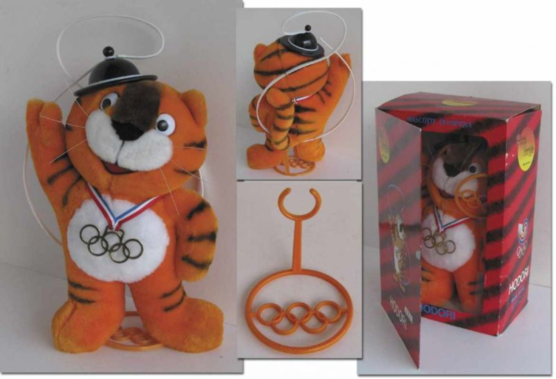 Olympic Games Seoul 1988. Official Maskot - Hodori, the Tiger with ribbon and metal Olympic Rings.