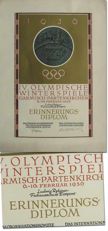 Olympic Winter Games 1936 Diploma - Official Olympic diploma from the Olympic Games Garmisch-