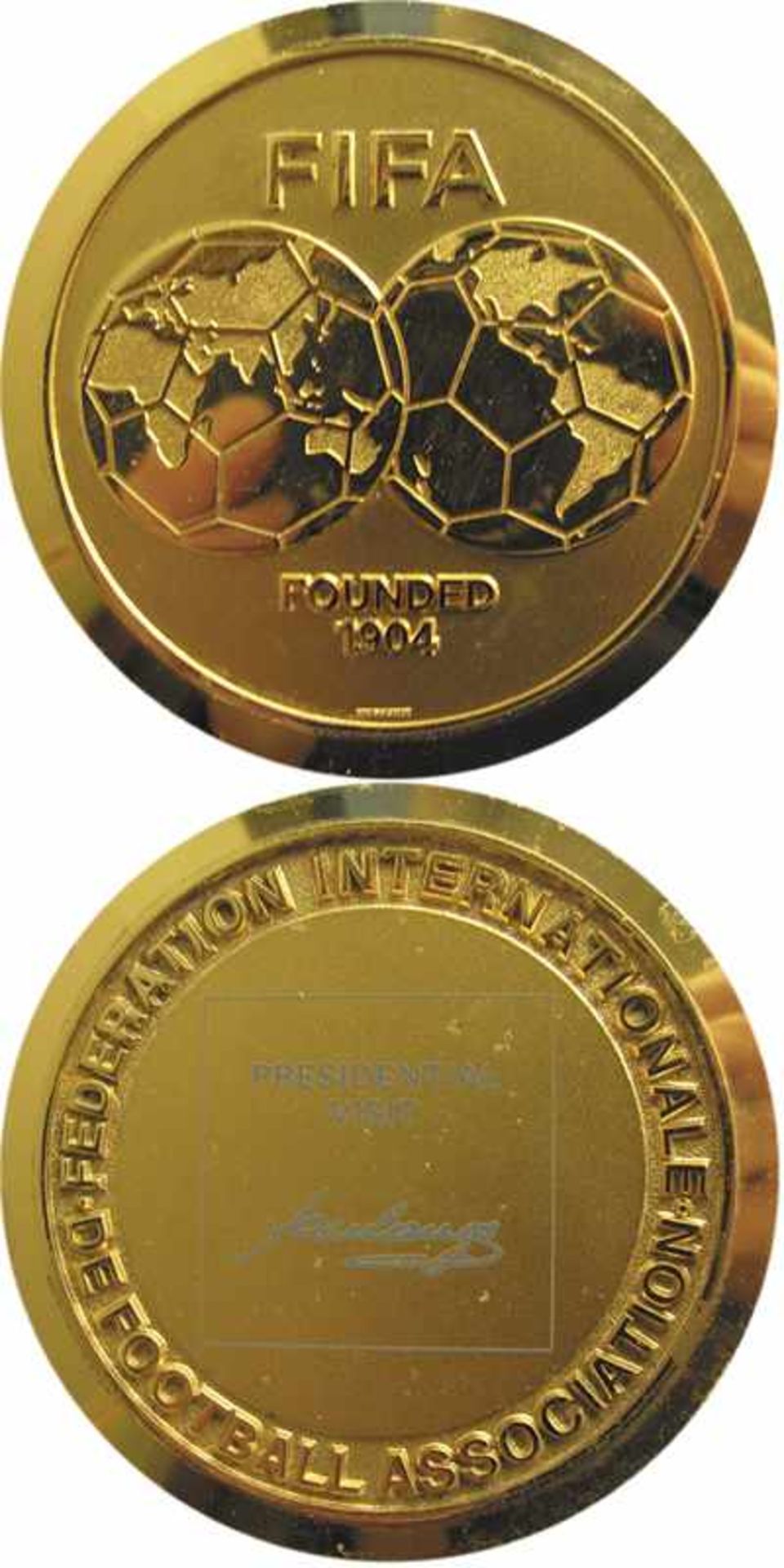 FIFA Medal 1995 Presidental Visit Jose Havelange - FIFA Presidential Visit. Jose Havelange, Gilt