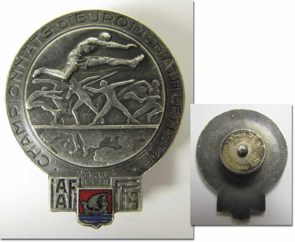 Participation Badge 1938 European Atheltics Champ - Championships: Bronze, silver plated with m/c