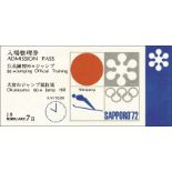 Olympic Games Sapporo 1972. Ticket Ski Jumping - 90 m, 7th Febuary, size 16,3x8.2 cm, rare