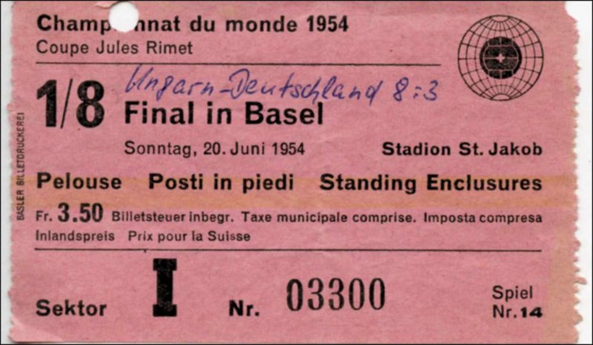 Ticket 1954 World Cup Germany vs Hungary - Last of sixteen match in Basel on 20th june 1954.